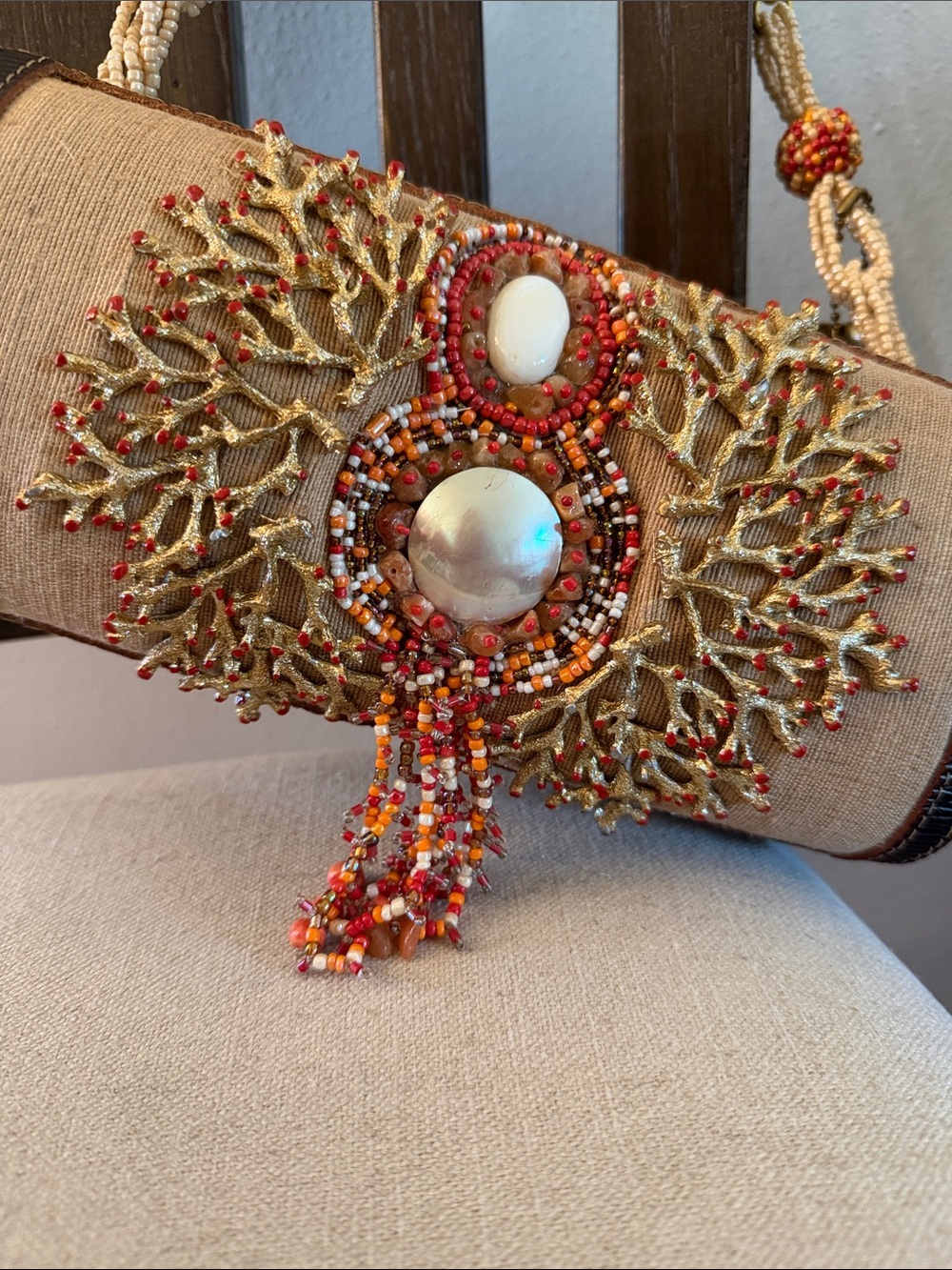 Mary Frances Rare Beaded Embellished Coral Motif Shoulder Bag Gold Tan Red - Picture 3 of 10
